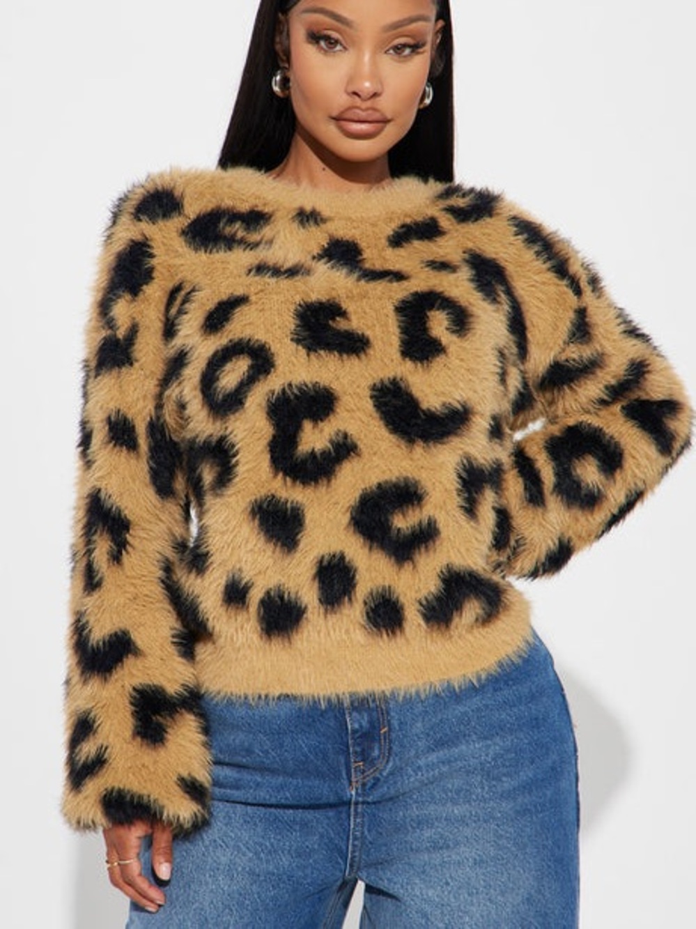 Nylon Leopard Fuzzy Crewneck Sweater in Camel and Black